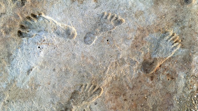 A photo of human footprints in White Sands National Park in New Mexico.